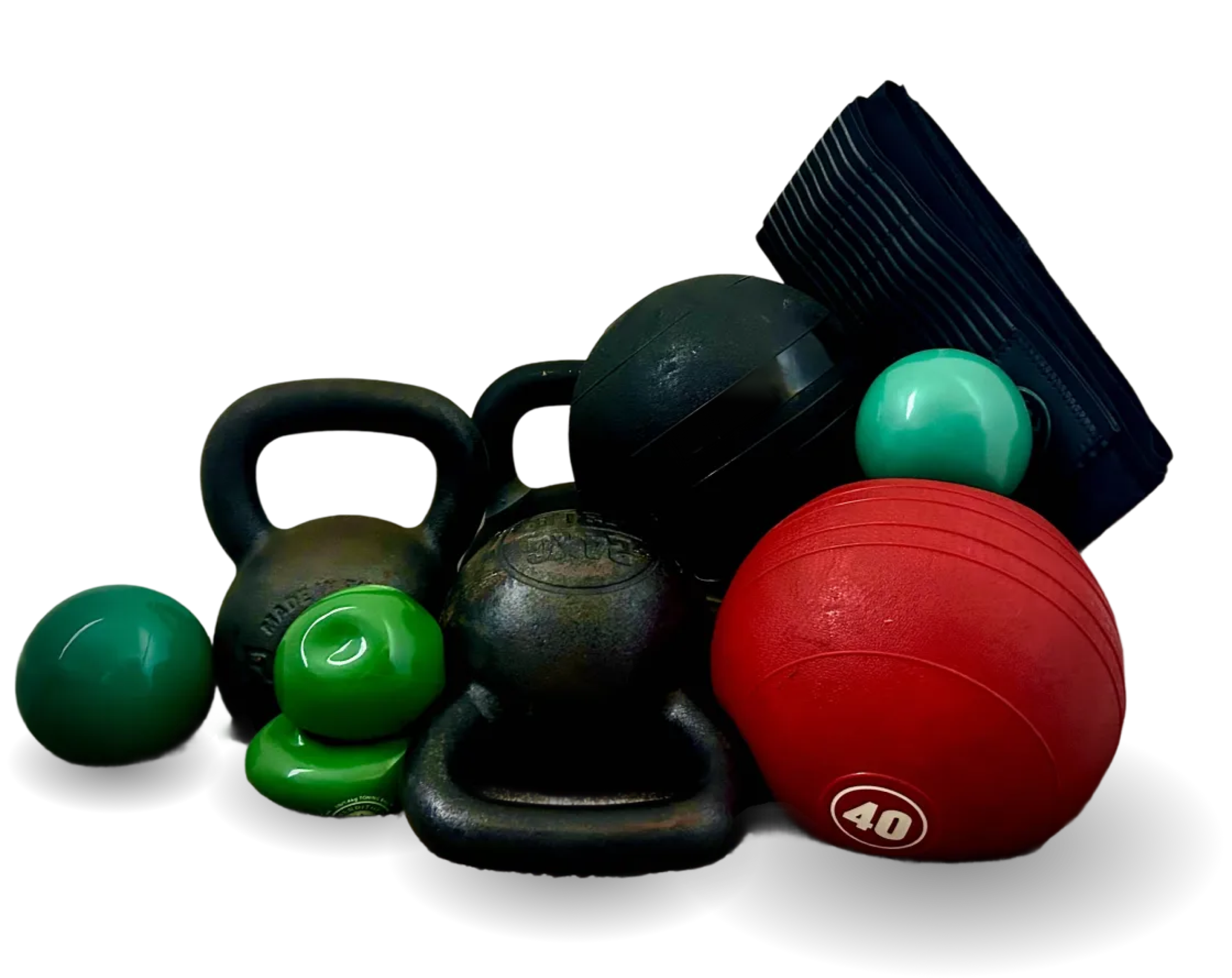 MovMed equipment: a red Rogue medicine ball, green plyo balls, kettlebells, and a folded breath belt, grouped without a background.